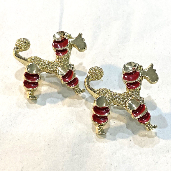 Mid Century Poodle Scatter Pins Pair Goldtone & Red Enamel Doggie Puppy Brooches - Picture 6 of 9